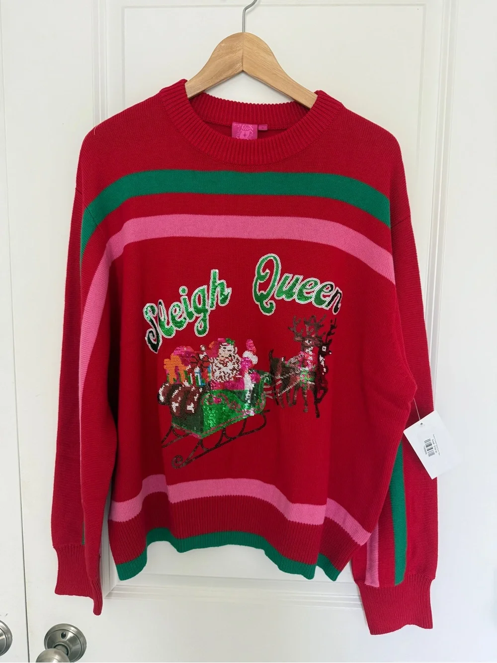 QUEEN OF SPARKLES NWT Red Green Pink Striped Sequin 'Sleigh Queen' Sweater S